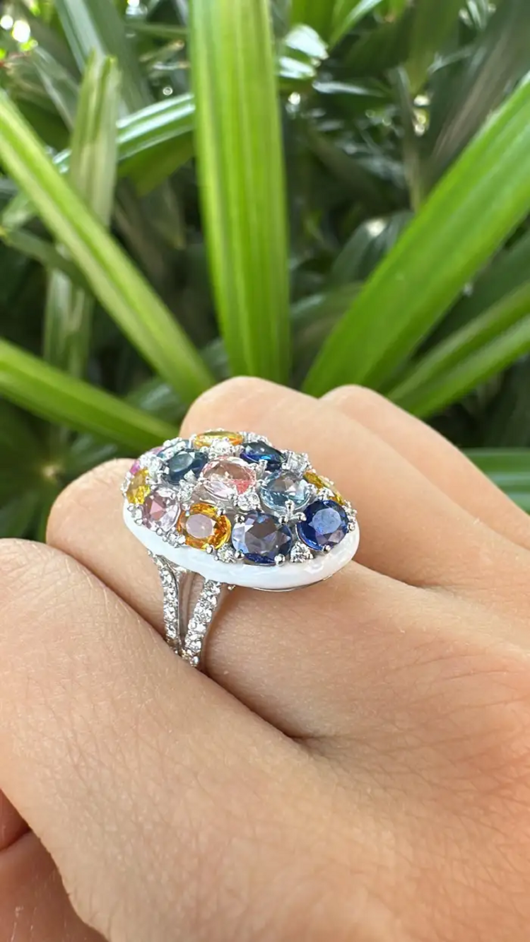 Natural Multi Sapphire & White Enamel Cocktail Ring - 18k White Gold Diamond Ring