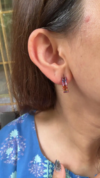 18k White Gold Half Hoop Earrings - Natural Ceylon Multi Sapphire Tiny Earrings