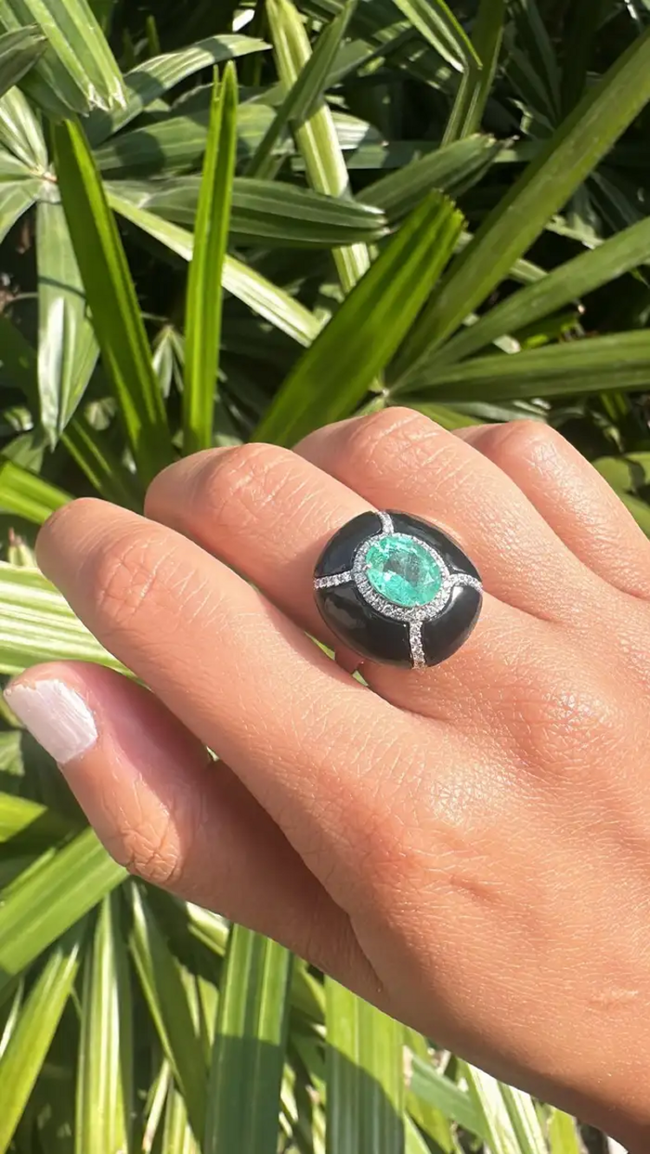 18k White Gold Diamond Cocktail Ring - Natural Colombian Emerald & Black Onyx Statement Ring Main Image