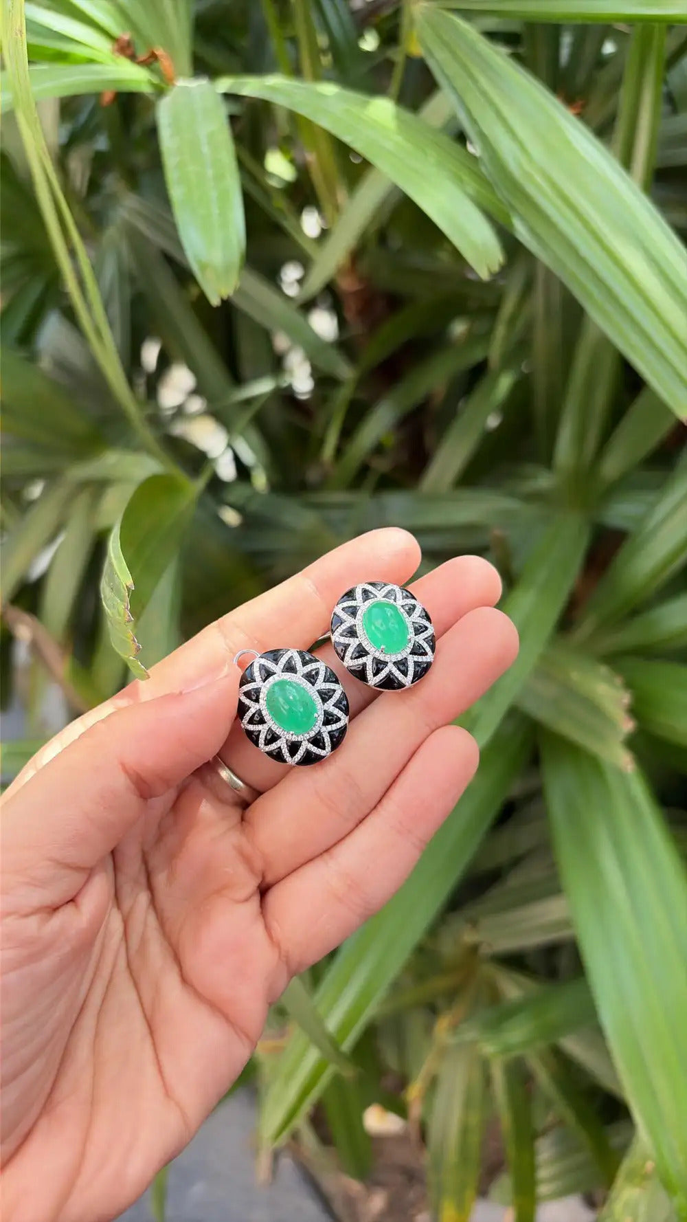 18k White Gold Diamond Stud Earrings - Natural Colombian Emerald & Black Onyx Stud Earrings