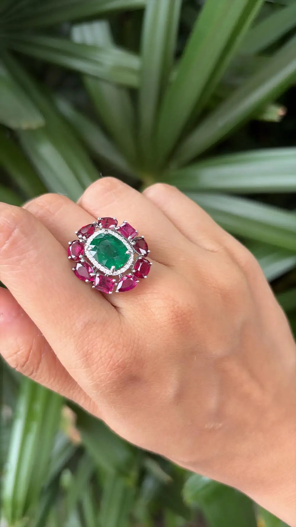 18k White Gold Diamond Handmade Ring - Natural Emerald & Ruby Gemstone Cocktail Ring