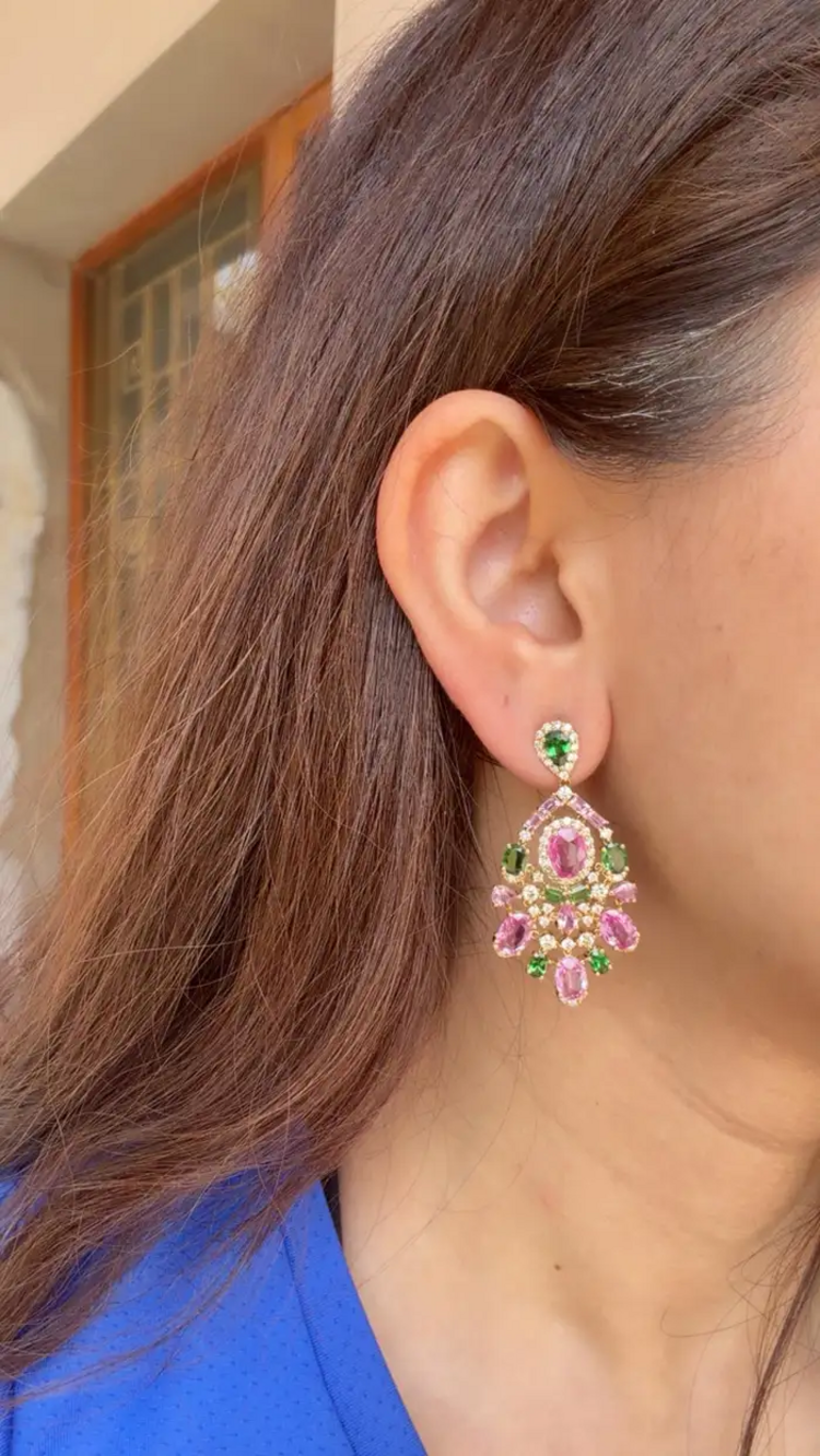 Natural Pink Sapphire & Tsavorite Dangle Earrings - 18k Yellow Gold Diamond Earrings