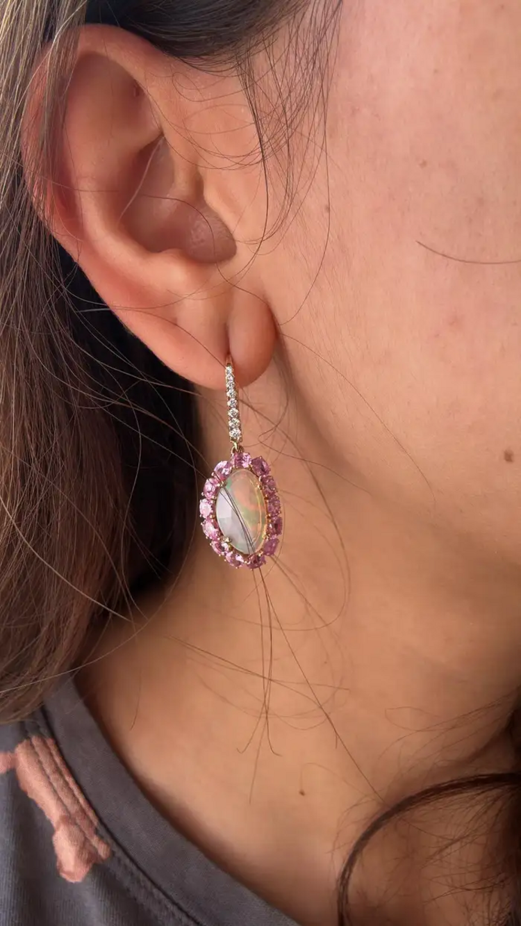 Natural Pink Sapphire & Ethiopian Opal Earrings - 18k Yellow Gold Diamond Earrings