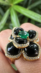 18k Yellow Gold Diamond Cocktail Ring - Natural Zambian Emerald Floral Ring