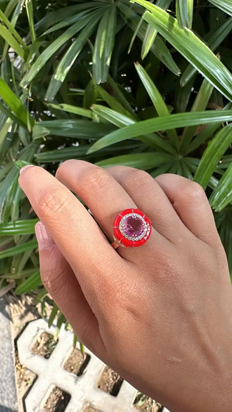 18k Gold Diamond Minimalist Ring - Natural Pink Sapphire & Red Enamel Ring - Party Wear Ring