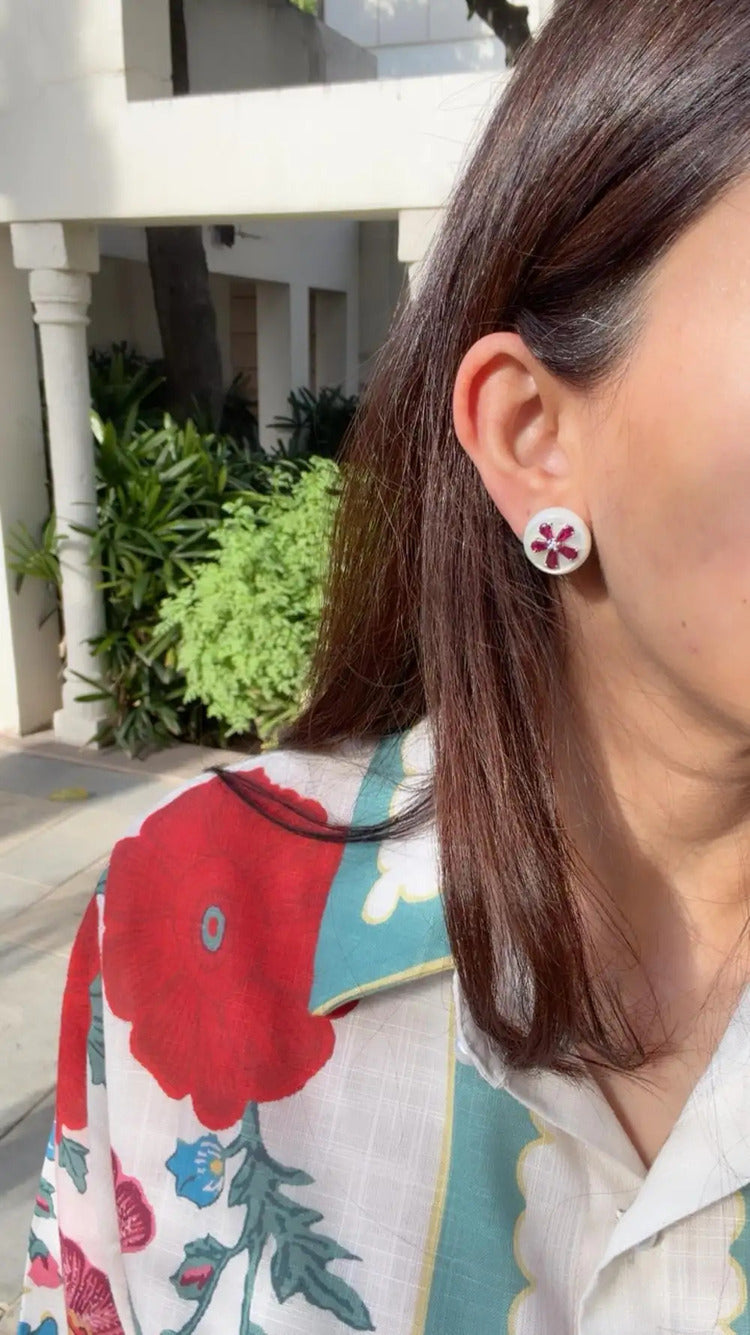 18k White Gold Diamond Stud Earrings - Natural Mozambique Ruby & Mother Of Pearl Stud Earrings