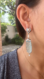 Handmade 18k White Gold Dangle Earrings - Natural Diamond & Carved Aquamarine Gemstone Earrings - Freshwater Pearl, Black Enamel Earrings