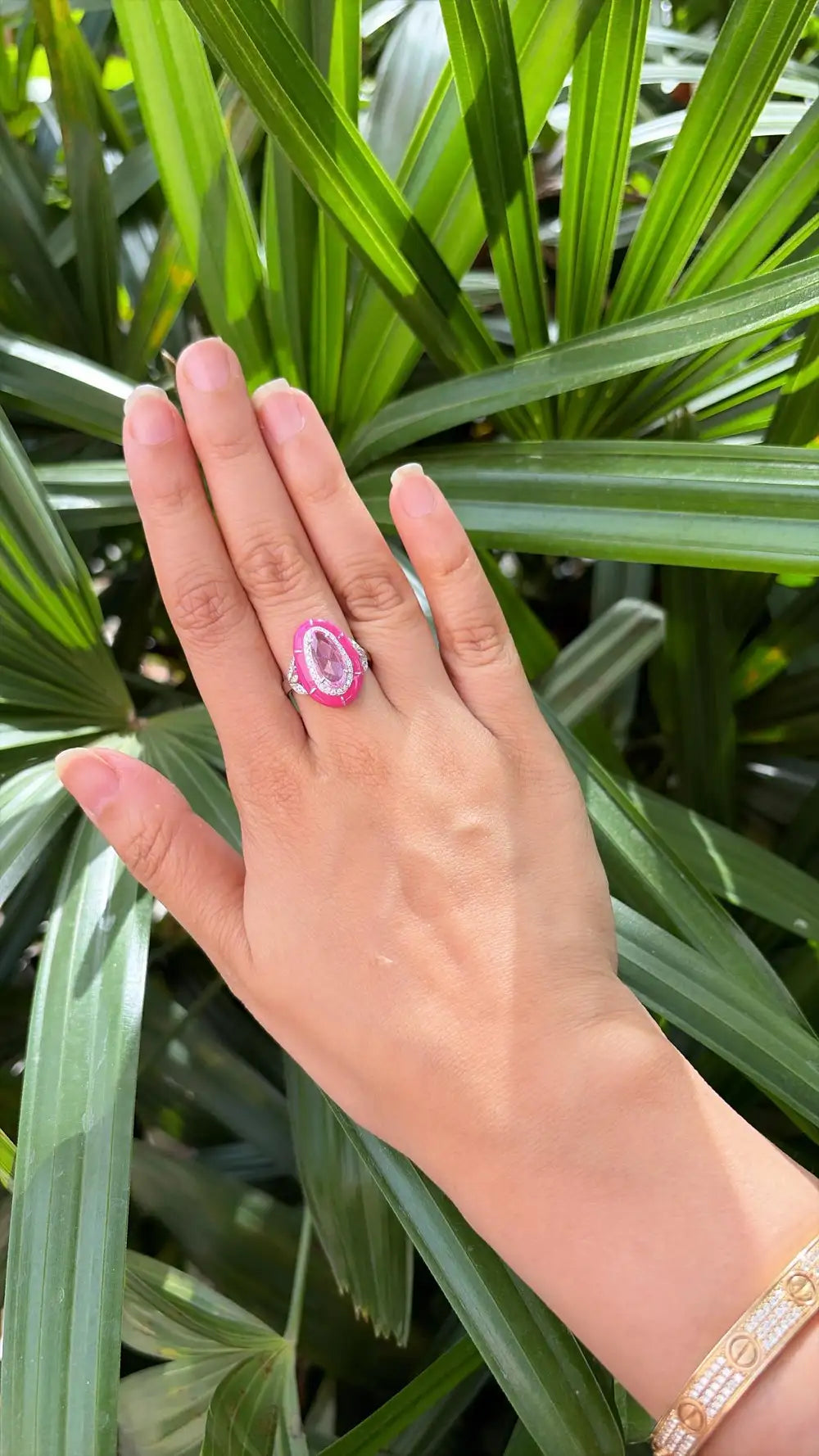 1.94 Ct. Pink Sapphire & Pink Enamel Ring - 18k White Gold Diamond Ring
