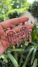 Natural Multi Sapphire & Mozambique Ruby Dangle Earrings - 18k Rose Gold Diamond Earrings