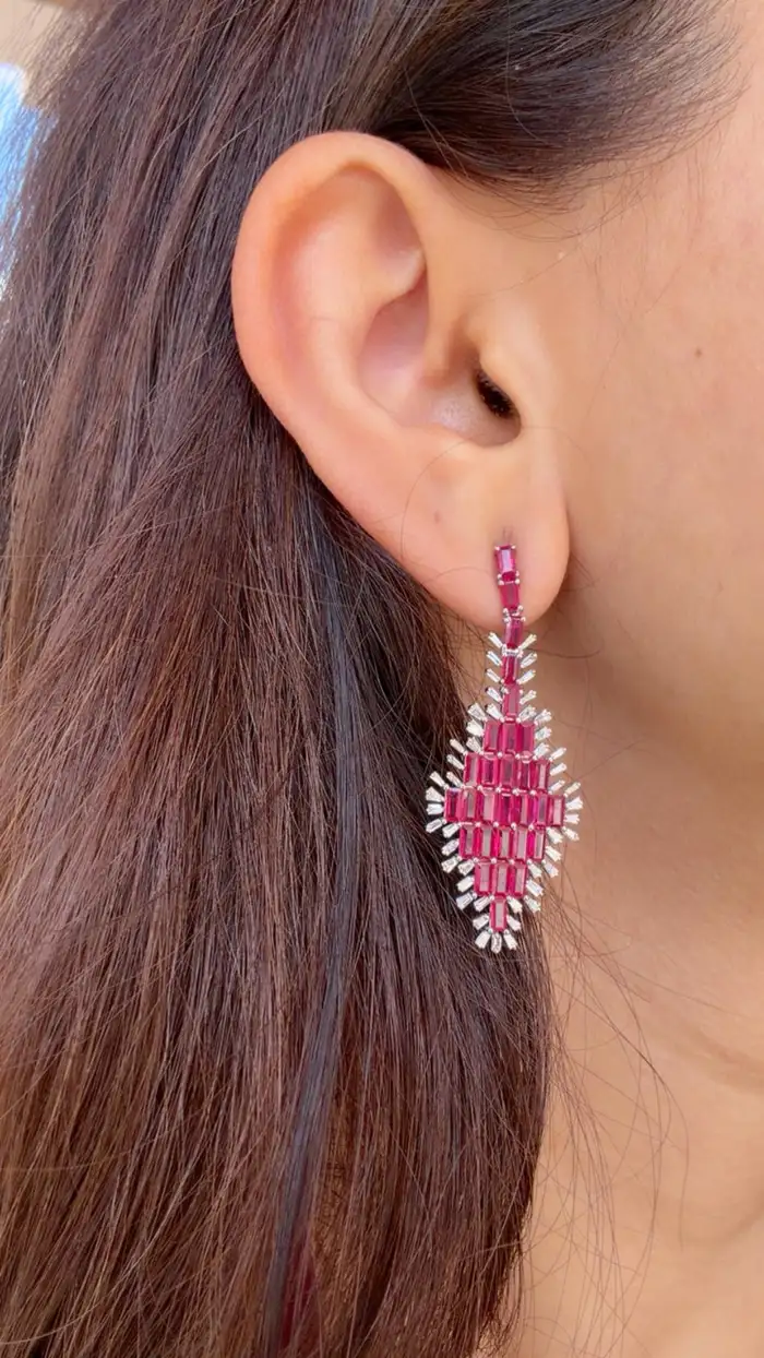 Natural Mozambique Ruby Handmade Earrings - 18k White Gold Diamond Dangle Earrings