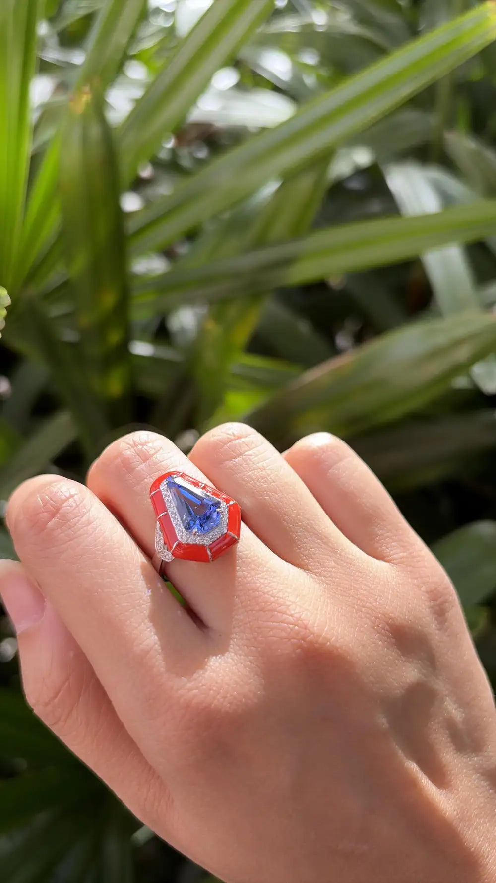 18k White Gold Diamond Ring - Natural Tanzanite & Orange Enamel Cocktail Ring