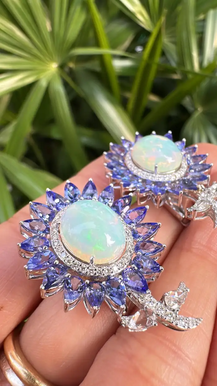 Natural Tanzanite & Ethiopian Opal Stud Earrings - 18k White Gold Rose Cut Diamond Earrings