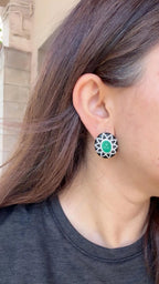 18k White Gold Diamond Stud Earrings - Natural Colombian Emerald & Black Onyx Stud Earrings