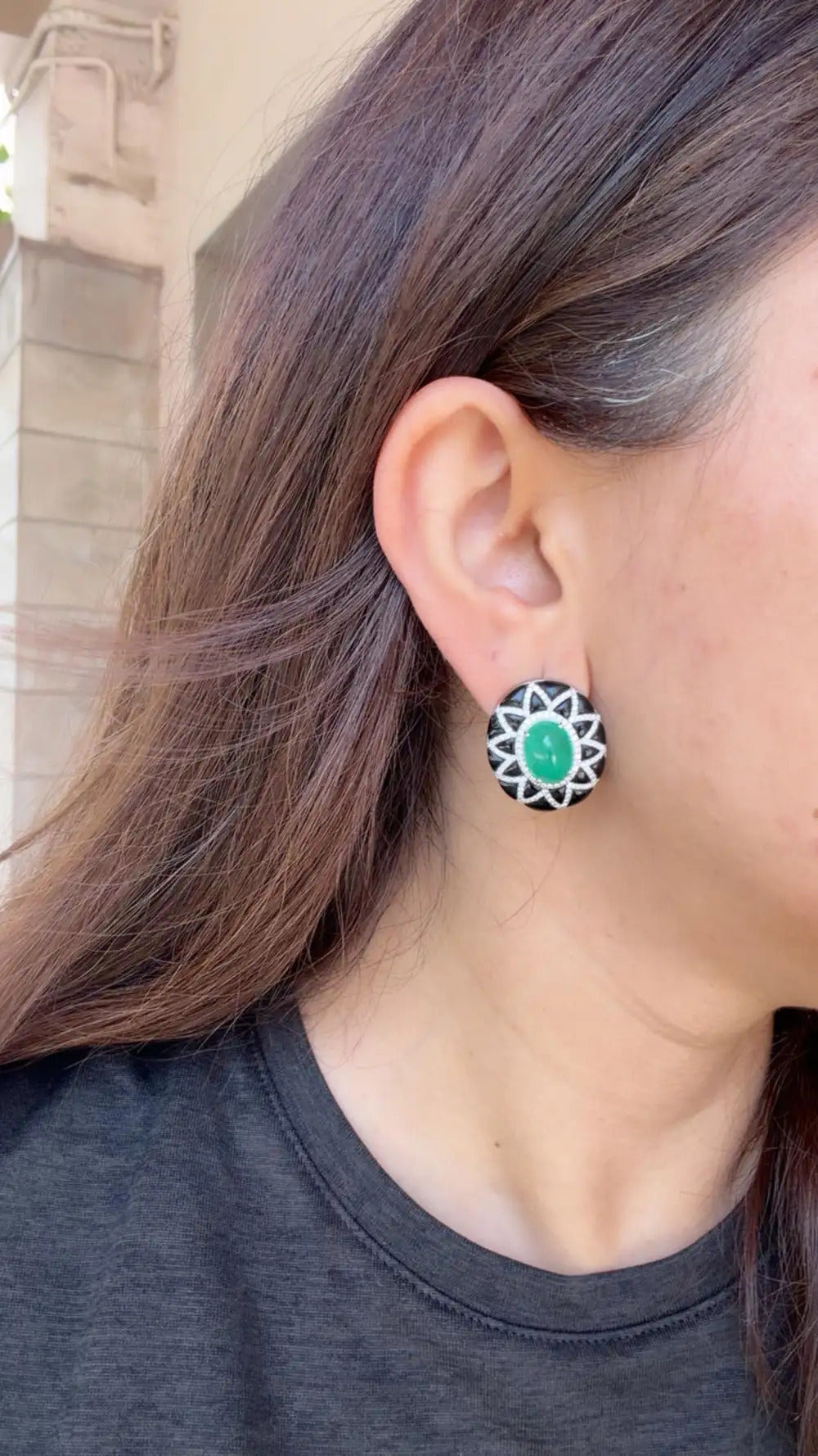18k White Gold Diamond Stud Earrings - Natural Colombian Emerald & Black Onyx Stud Earrings