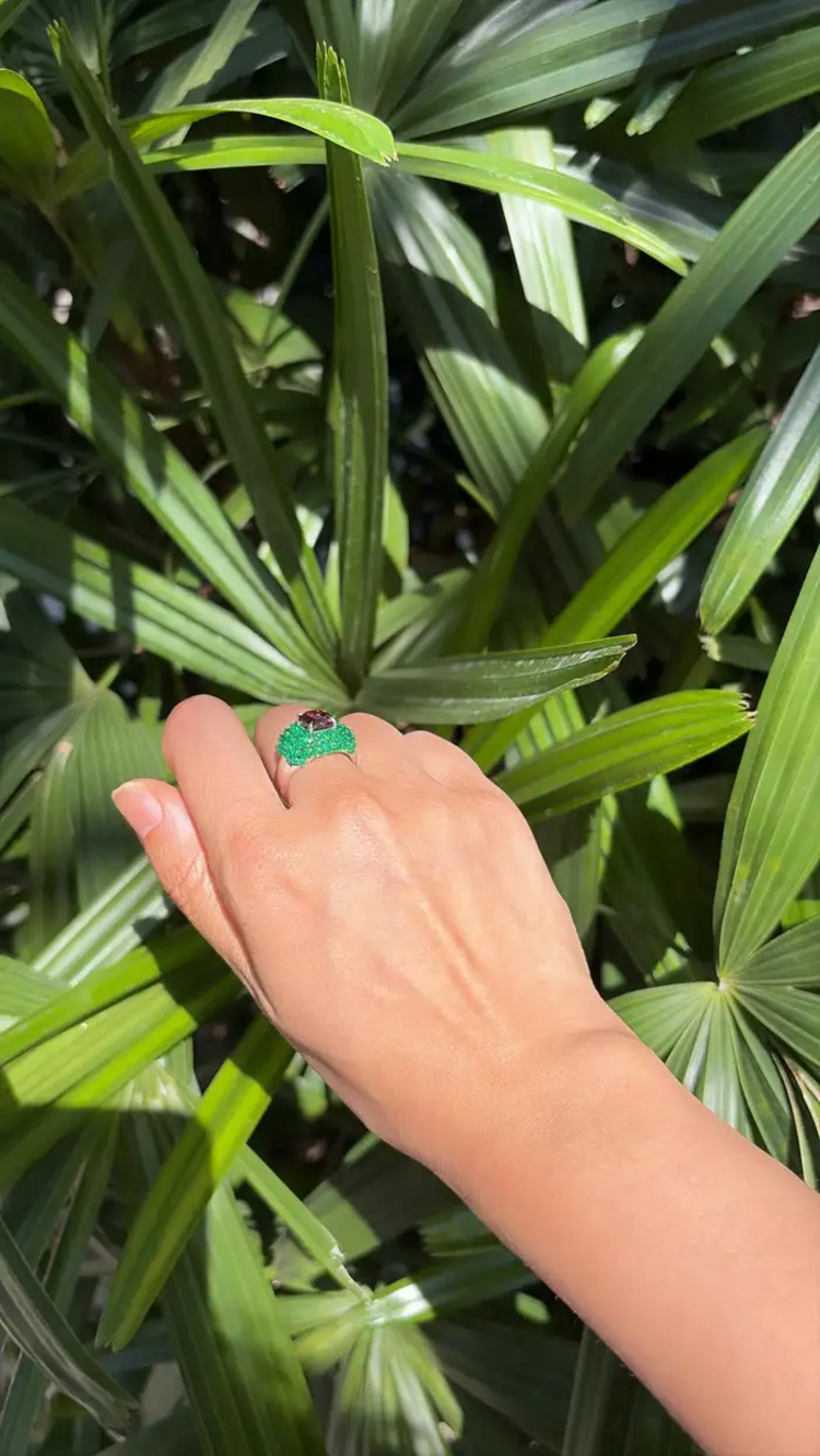 Natural Tourmaline & Emerald Cocktail Ring - 18k White Gold Ring