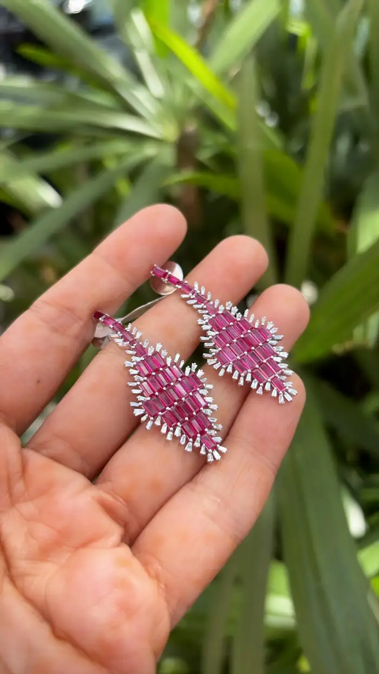Natural Mozambique Ruby Handmade Earrings - 18k White Gold Diamond Dangle Earrings