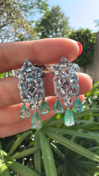 Natural Aquamarine & Colombian Emerald Dangle Earrings - 18k White Gold Diamond Wedding Earrings