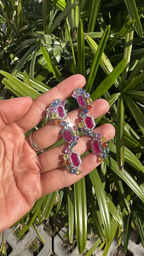 Natural Mozambique Ruby & Multi Sapphire Dangle Earrings - 18k White Gold Diamond Earrings