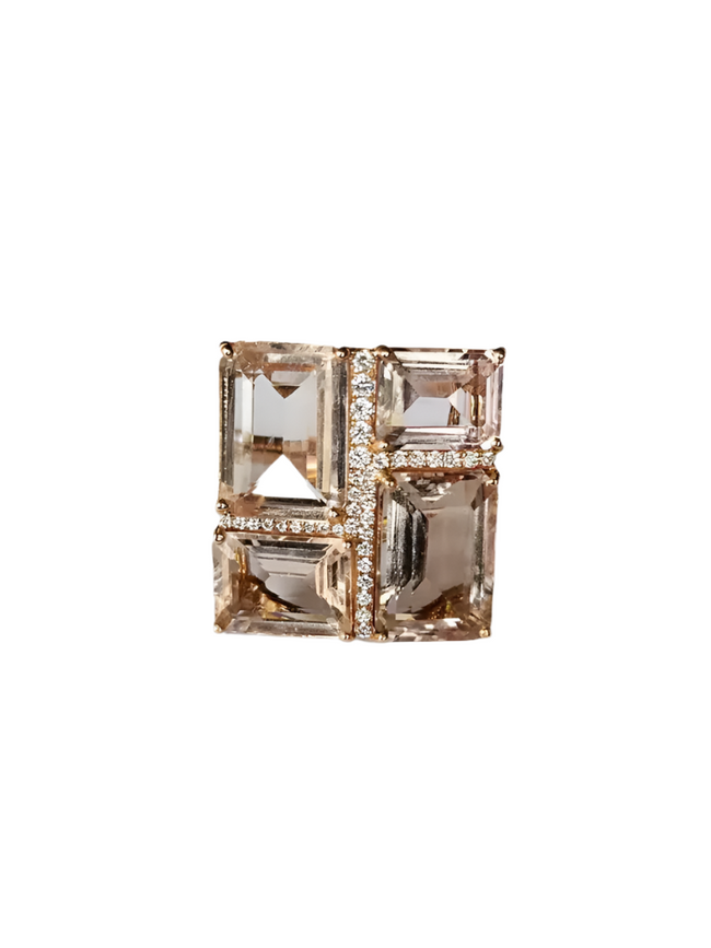 Natural Morganite Gemstone Cocktail Ring - 18k Rose Gold Diamond Ring Hover Image
