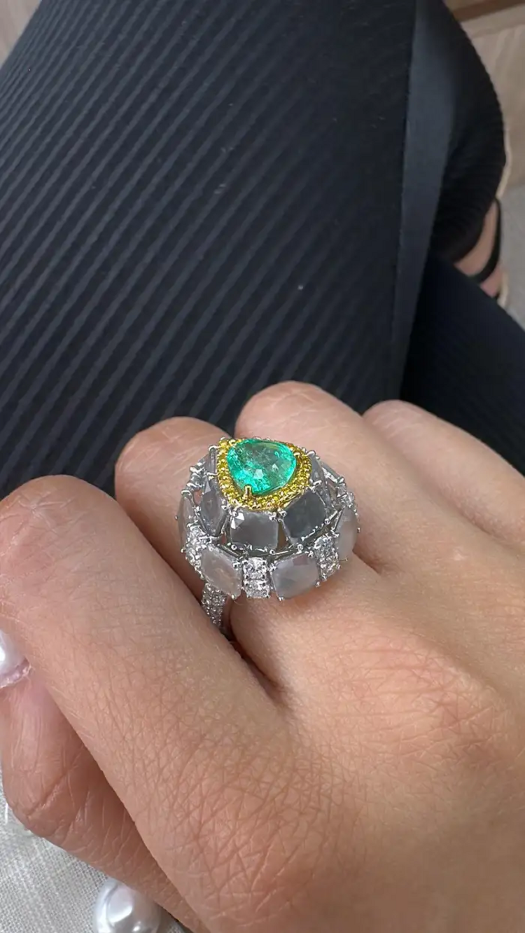 Natural Colombian Emerald & Slice Diamond Wedding Ring - 18k White Gold Ring