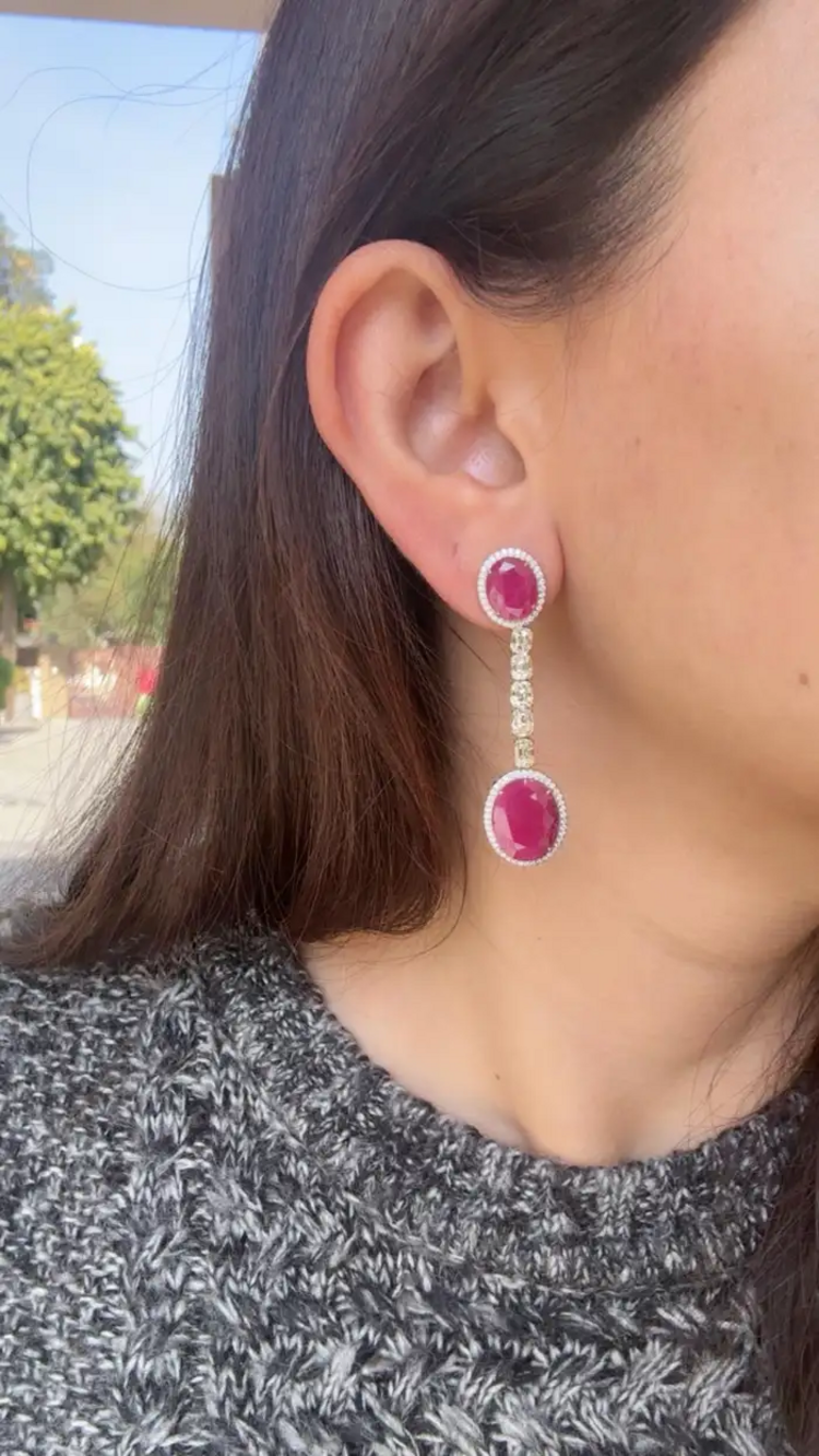 Natural Mozambique Ruby Dangle Earrings - 18k White Gold Yellow Diamond Dangle Earrings