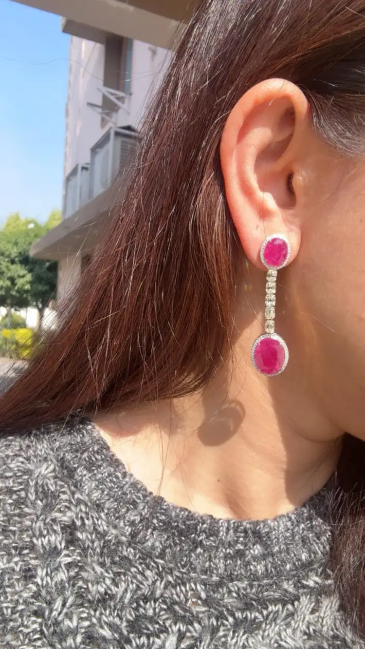 Natural Mozambique Ruby Dangle Earrings - 18k White Gold Yellow Diamond Dangle Earrings