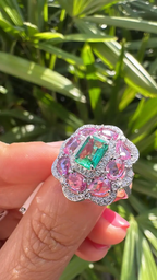 Natural Ceylon Pink Sapphire & Zambian Emerald Gemstone Gold Cocktail Ring - 18k White Gold Diamond Wedding Ring