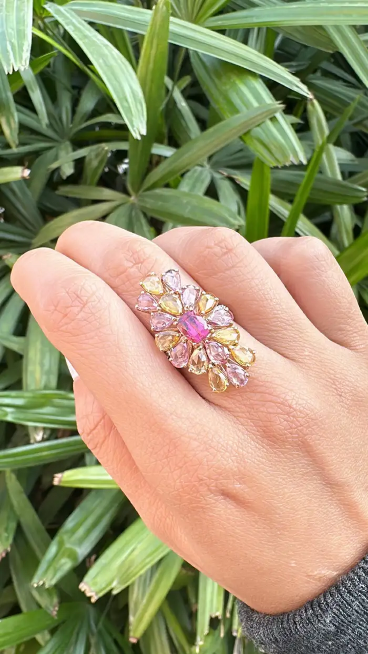 1.04 Ct. Tourmaline Gemstone Gold Ring - Natural Multi Sapphire & Diamond Cocktail Ring - 18k Rose Gold Diamond Ring