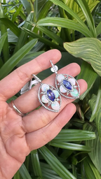 Natural Tanzanite & Ethiopian Opal Earrings - 18k White Gold Diamond Dangle Earrings