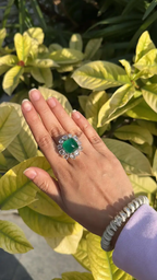 18k White Gold Handmade Ring - Natural Zambian Emerald Sugarloaf & Rose Cut Diamond Ring