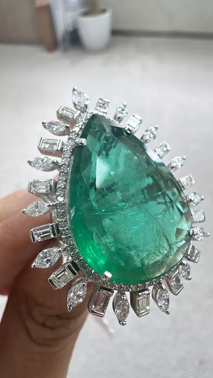 18k White Gold Diamond Ring - Natural Zambian Emerald Cocktail Ring