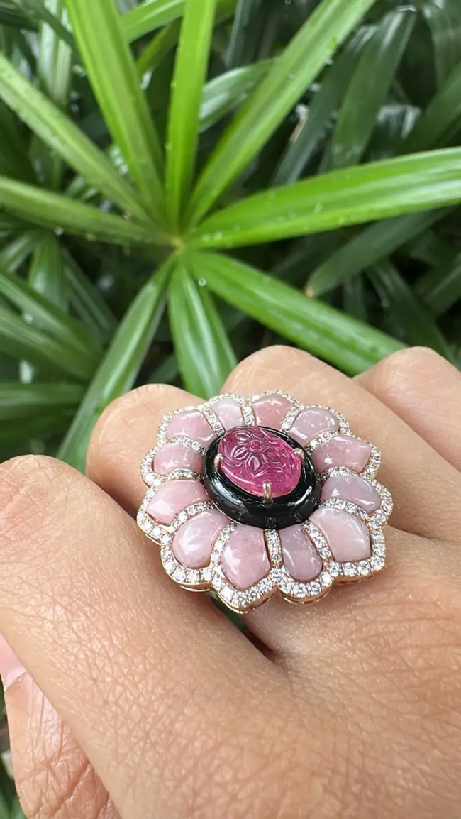 18k Yellow Gold Diamond Ring - Natural Tourmaline, Pink Opal & Black Onyx Cocktail Ring Main Image