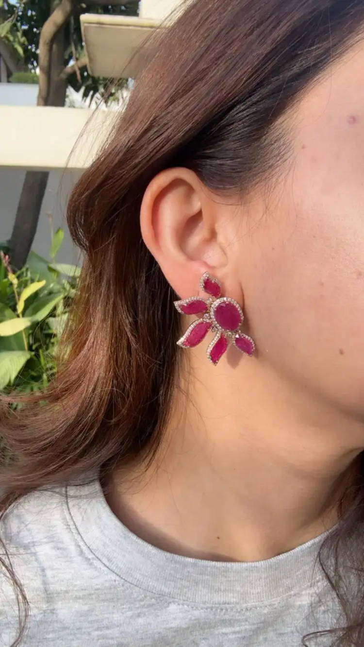 18k Rose Gold Diamond Earrings - Natural Mozambique Ruby Handmade Stud Earrings