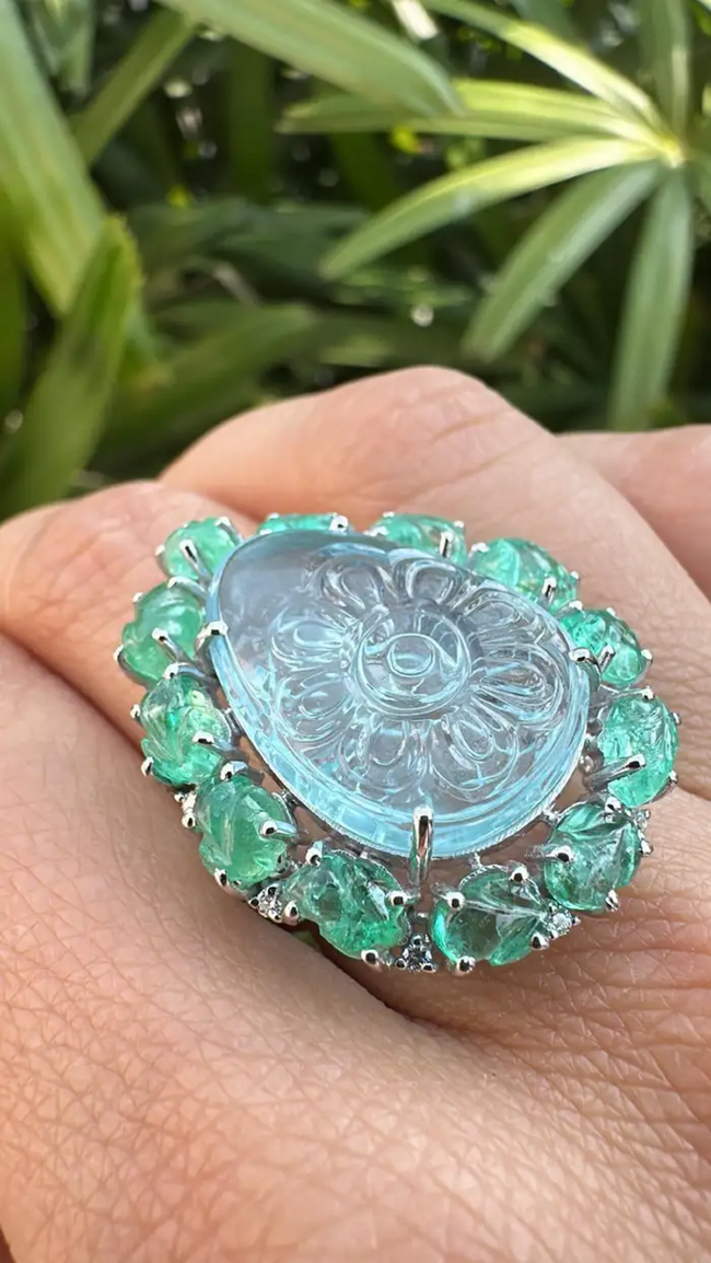 Carved Aquamarine & Zambian Emerald Cocktail Ring - 18k White Gold Handmade Diamond Ring Main Image