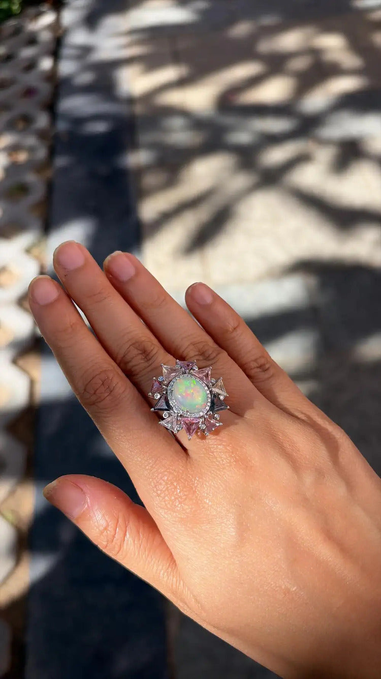 18k White Gold Diamond Cocktail Ring - Natural Ethiopian Opal & Multi Sapphire Ring