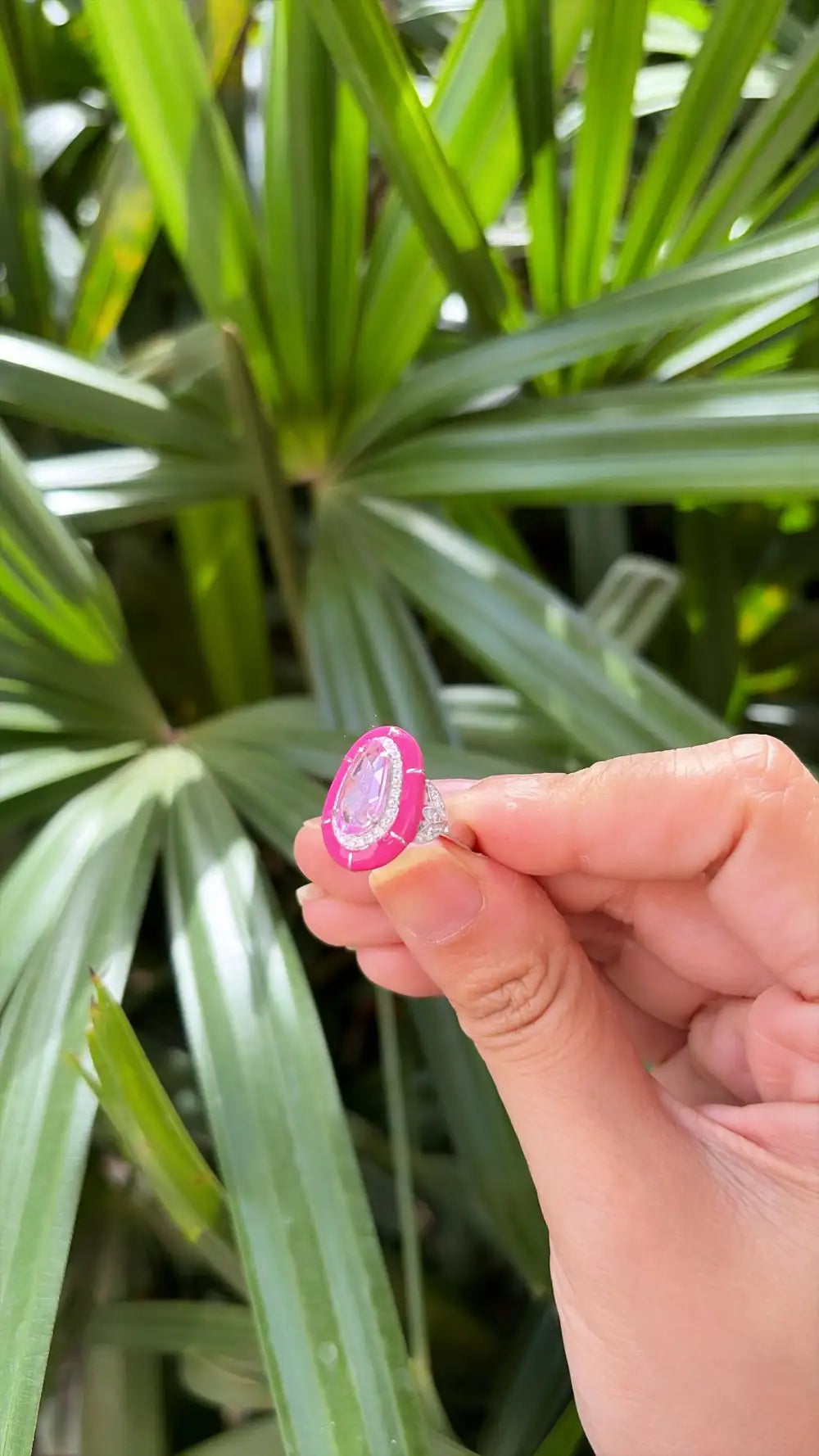 1.94 Ct. Pink Sapphire & Pink Enamel Ring - 18k White Gold Diamond Ring