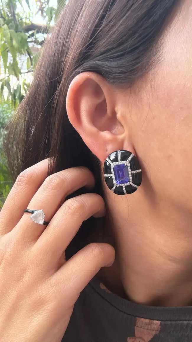 9.24 Ct. Natural Tanzanite Stud Earrings - 18k White Gold Handmade Earrings - Gold Diamond Women Earrings - Black Onyx Earrings Main Image