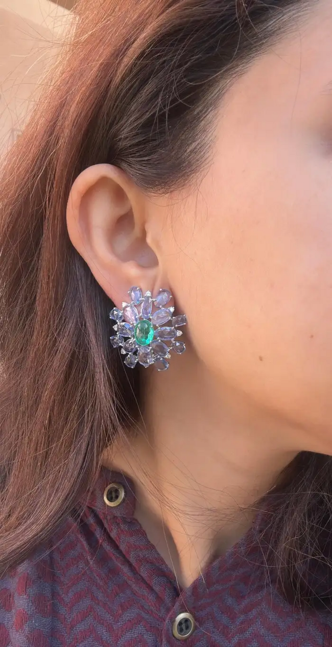 Natural Colombian Emerald & Blue Sapphire Floral Stud Earrings - 18k White Gold Diamond Earrings Main Image