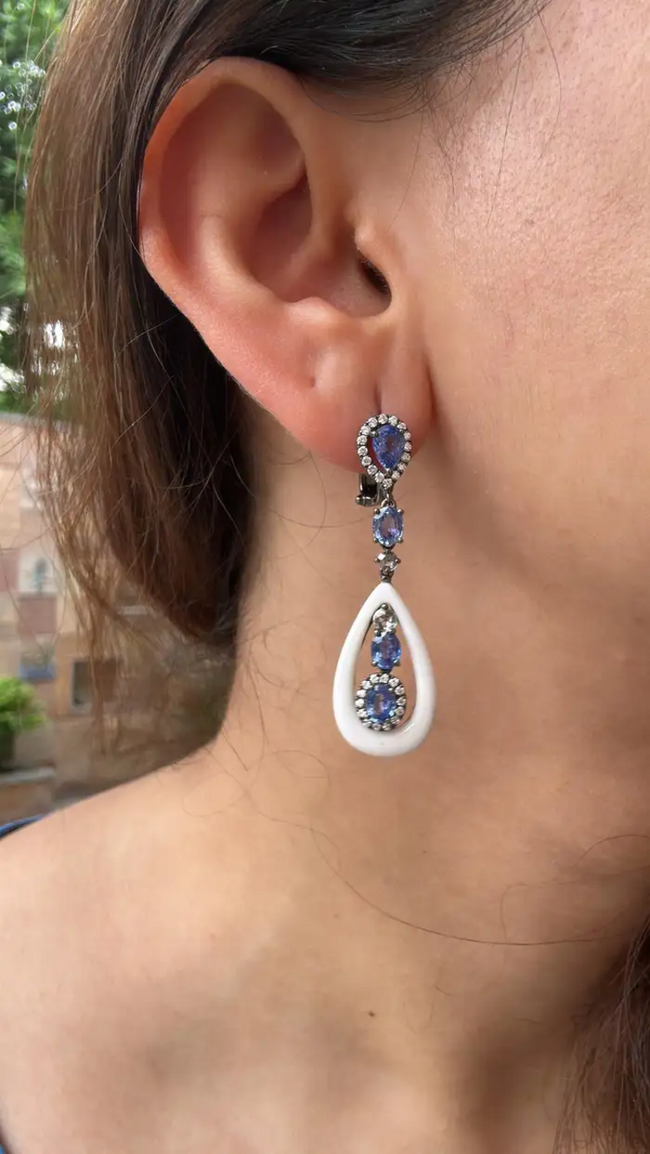 18k White Gold Diamond Dangle Earrings - Natural Blue Sapphire & Onyx Earrings Main Image