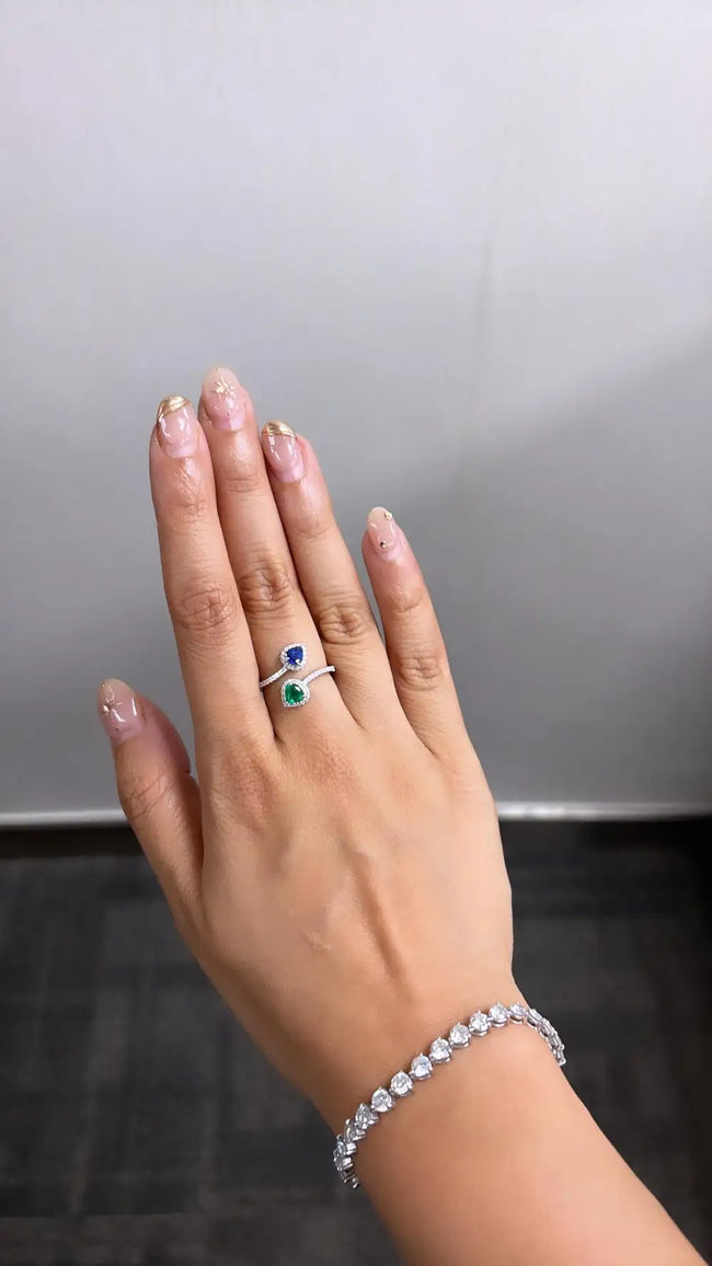 Natural Emerald & Blue Sapphire Ring - 18k White Gold Diamond Ring Main Image