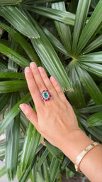 18k White Gold Diamond Handmade Ring - Natural Emerald & Ruby Gemstone Cocktail Ring