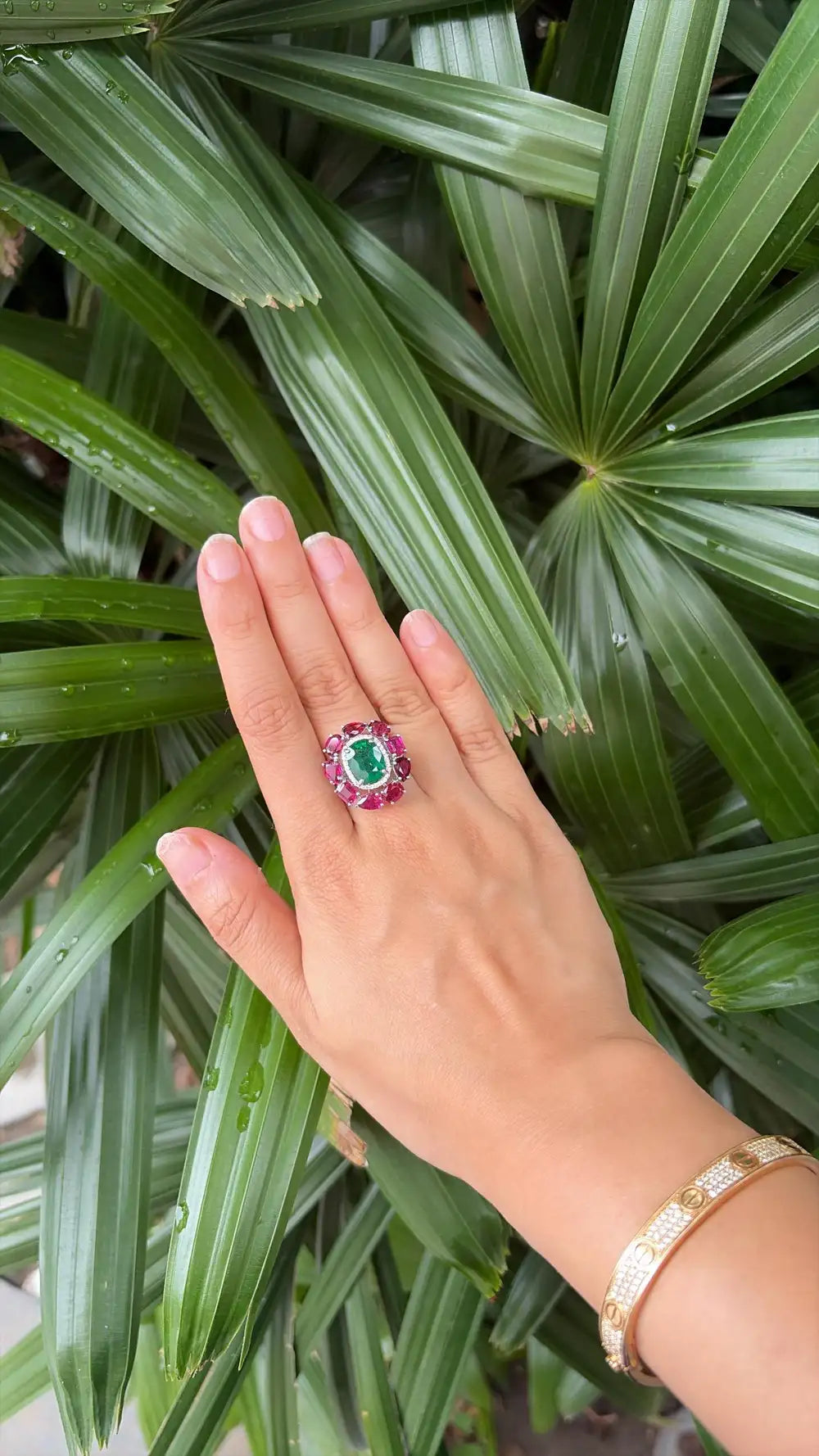 18k White Gold Diamond Handmade Ring - Natural Emerald & Ruby Gemstone Cocktail Ring