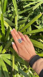 18k White Gold Brown Diamond Cuff Ring - Natural Aquamarine & Ruby Engagement Ring