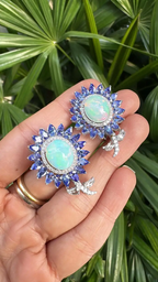 Natural Tanzanite & Ethiopian Opal Stud Earrings - 18k White Gold Rose Cut Diamond Earrings