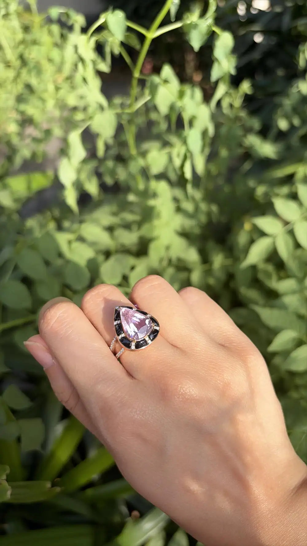 Natural Kunzite & Black Onyx Cocktail Ring - 18k Rose Gold Diamond Handmade Ring