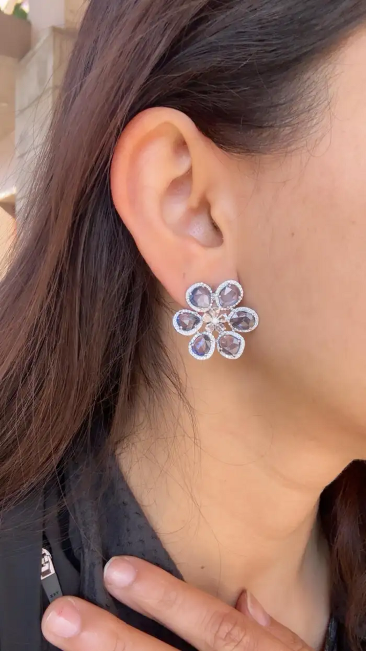 18k White Gold Floral Stud Earrings - Natural Blue Sapphire & Rose Cut Diamond Earrings