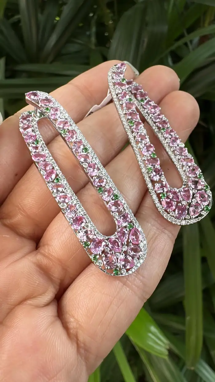 Natural Pink Sapphire & Tsavorite Dangle Earrings - 18k White Gold Handmade Earrings