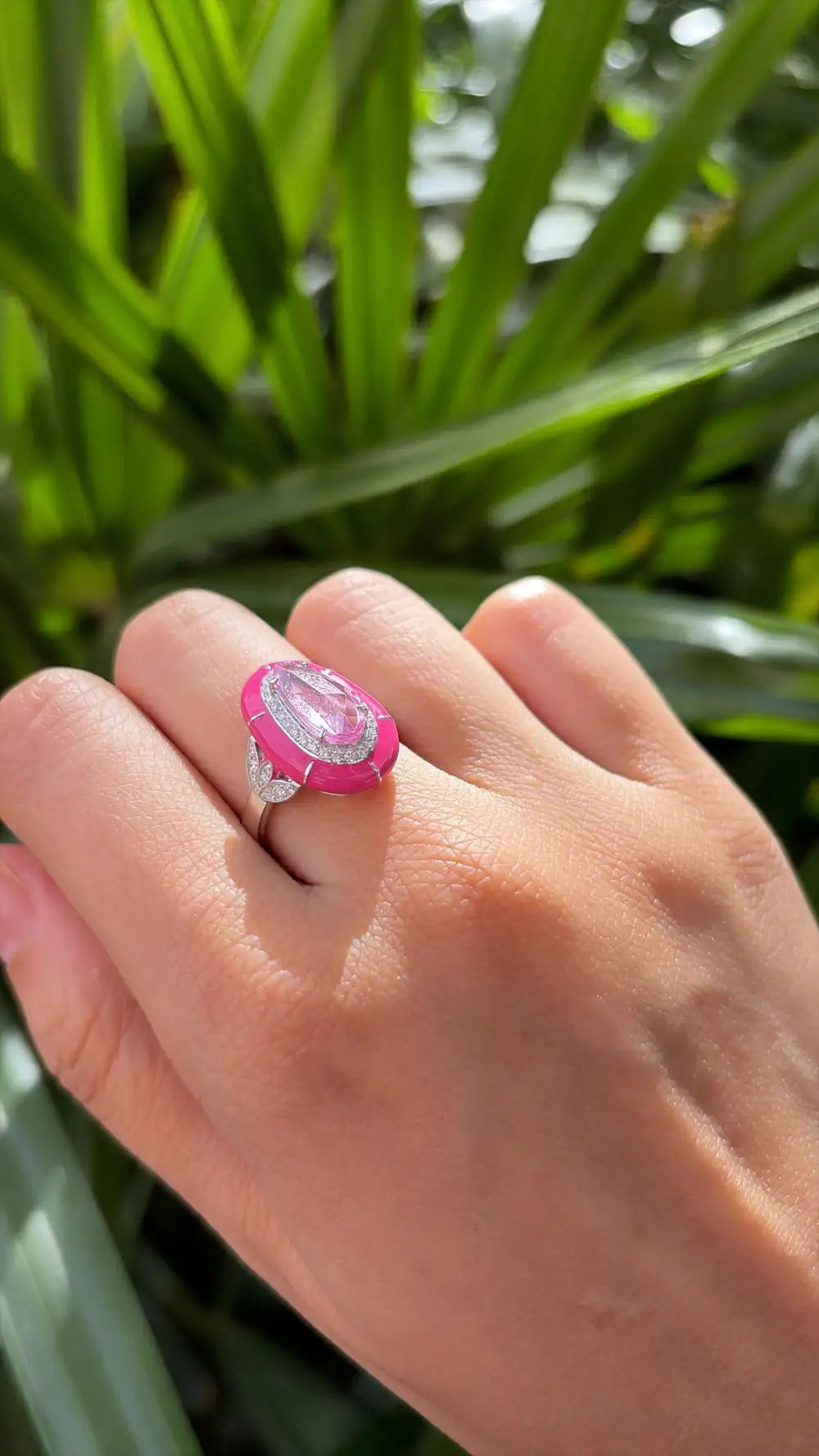 1.94 Ct. Pink Sapphire & Pink Enamel Ring - 18k White Gold Diamond Ring