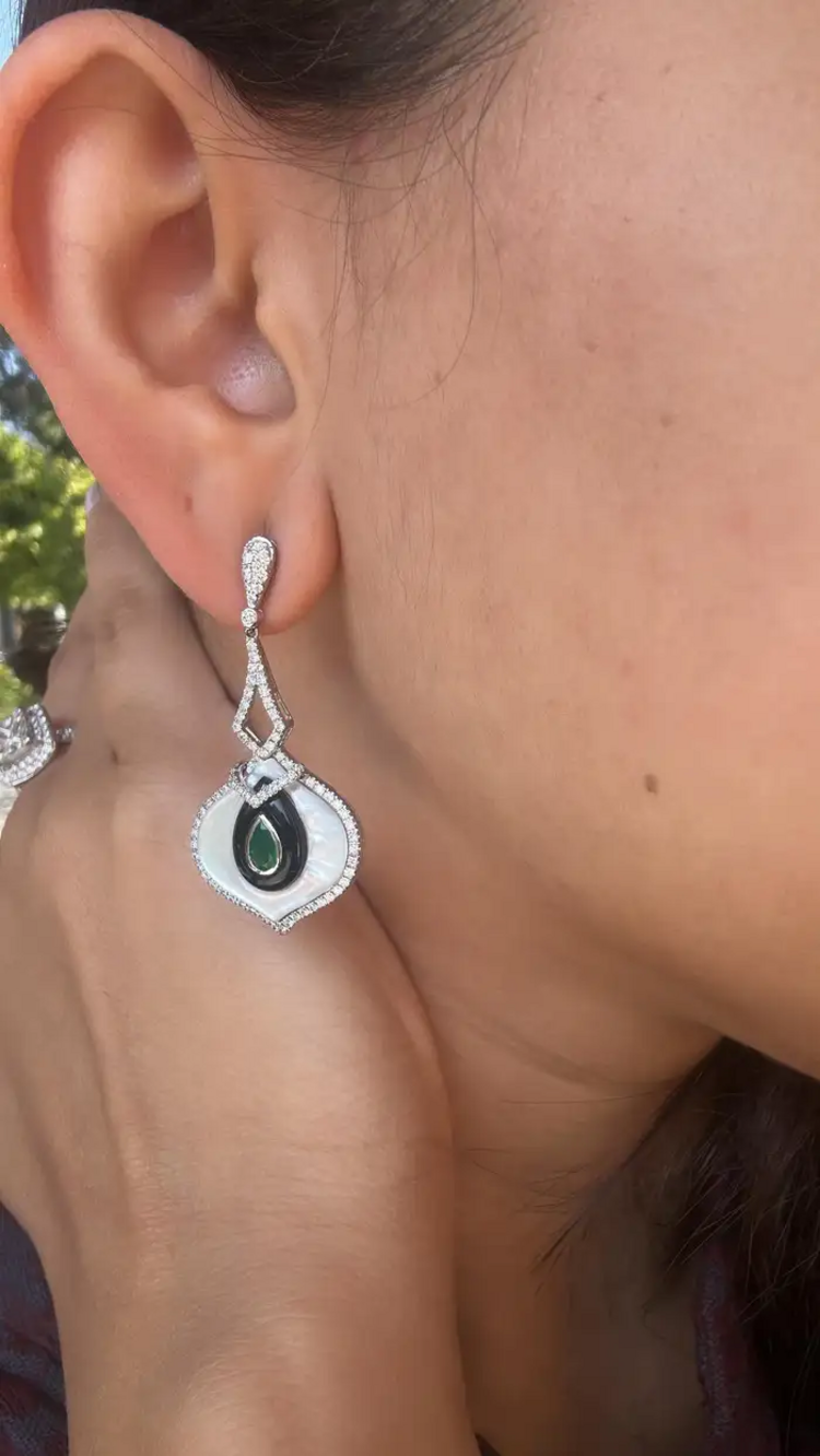 18k White Gold Zambian Emerald Dangle Earrings - Natural Diamond, Black Onyx & Pearl Wedding Earrings