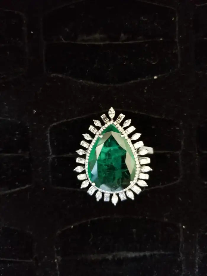 18k White Gold Diamond Ring - Natural Zambian Emerald Cocktail Ring